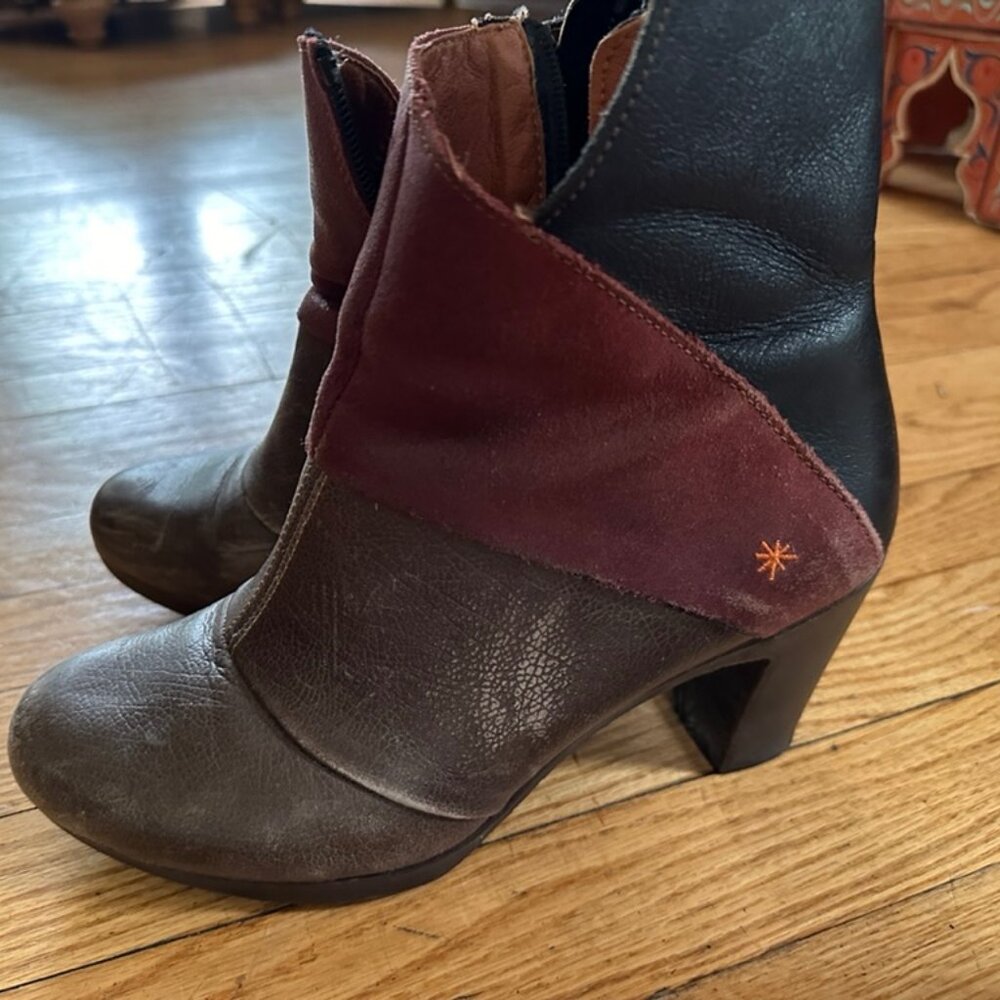 Art ankle boots with great color block pattern.